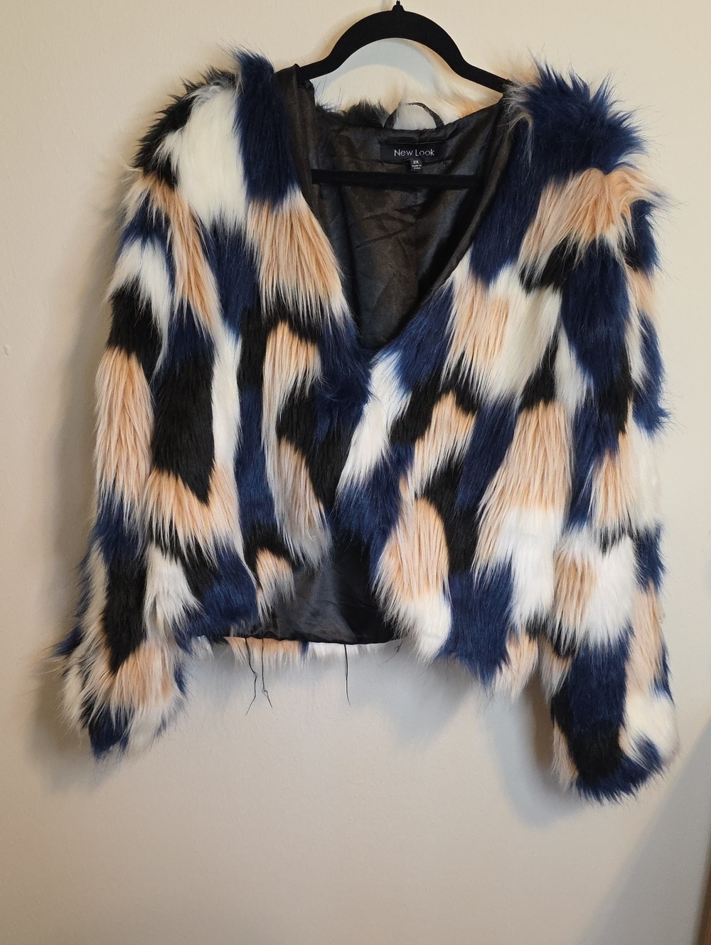 New Look Blue, Tan, and White Faux Fur Colorblock Jacket